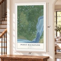 Point MacKenzie, Alaska map, 24 x 36 inch print in a white frame by a staircase
