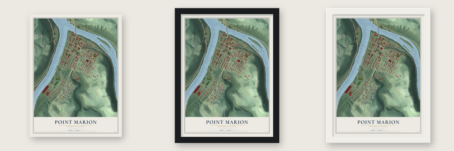 Point Marion, Pennsylvania map unframed, in a black wood frame and in a white wood frame