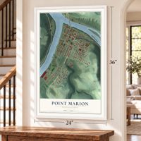 Point Marion, Pennsylvania map, 24 x 36 inch print in a white frame by a staircase