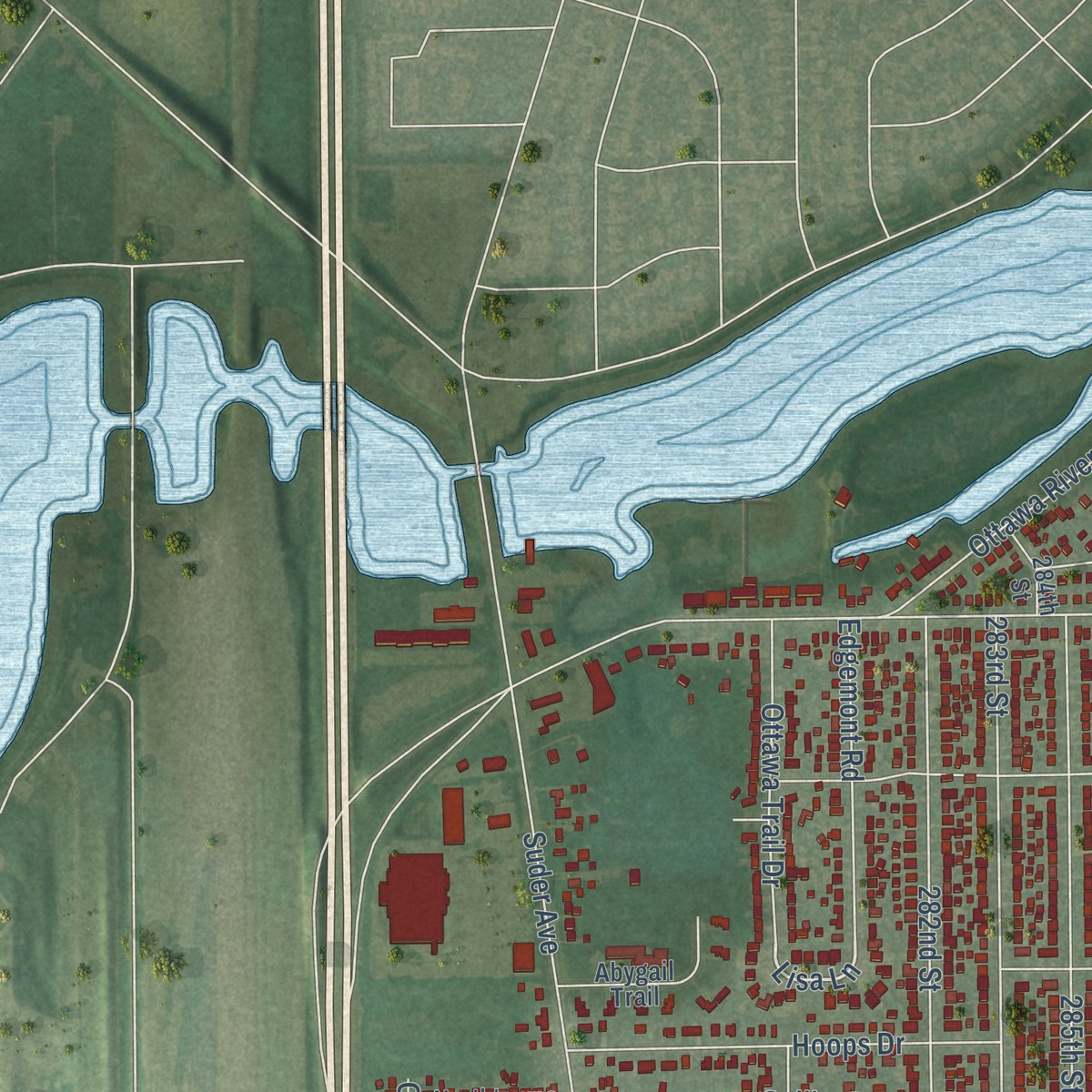 Second close-up of the map of Point Place, Ohio print showing more streets and buildings