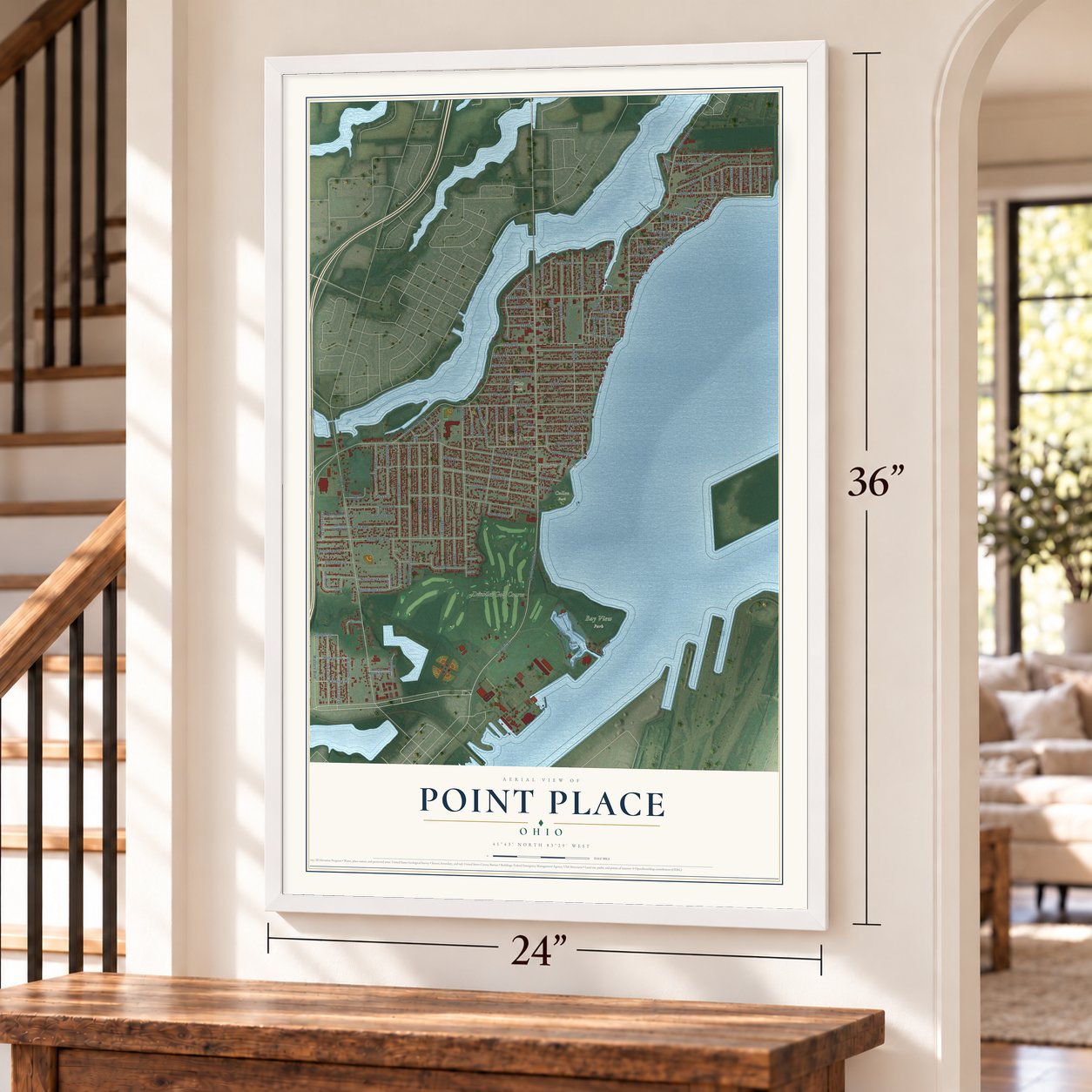 Point Place, Ohio map, 24 x 36 inch print in a white frame by a staircase