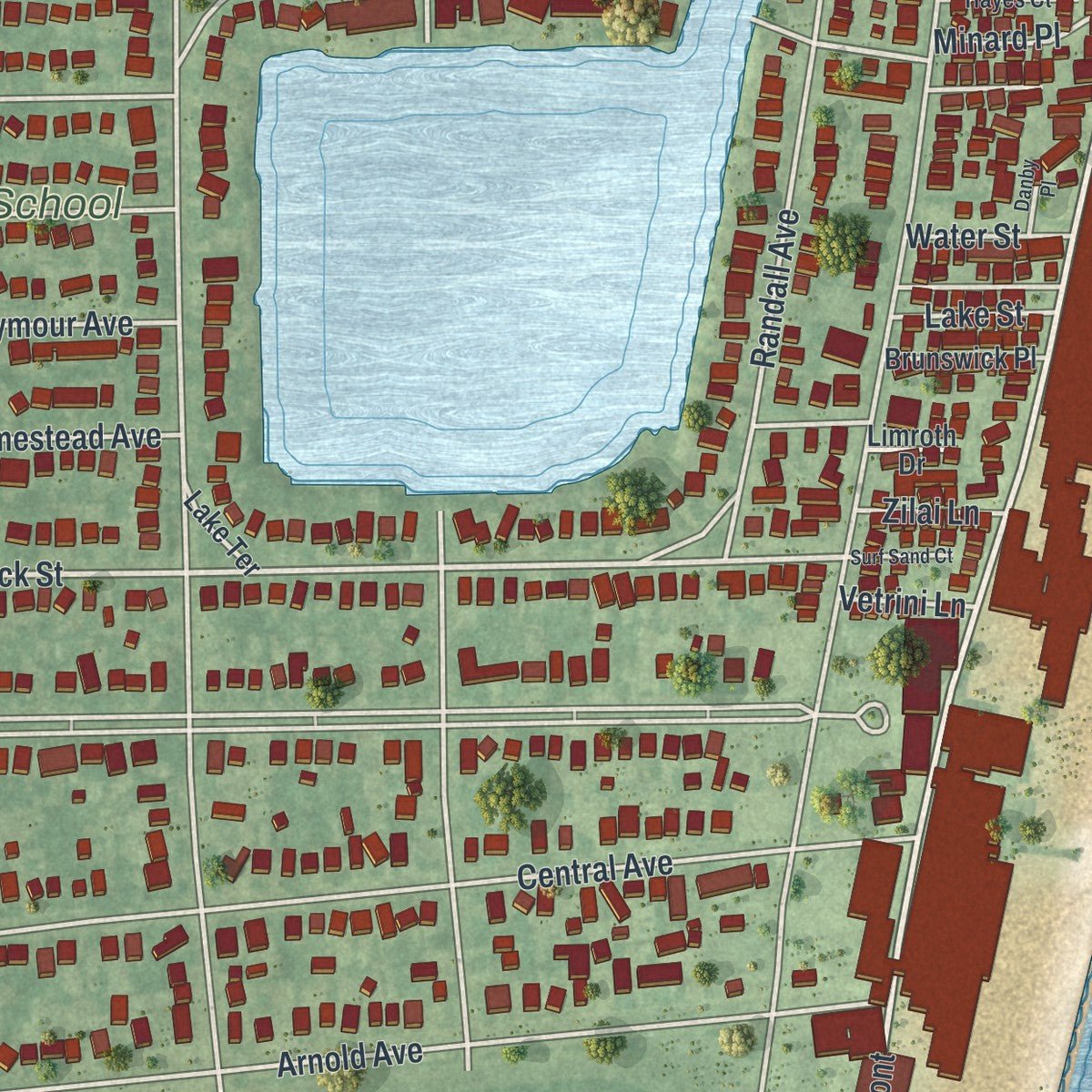 Second close-up of the map of Point Pleasant Beach, New Jersey print showing more streets and buildings