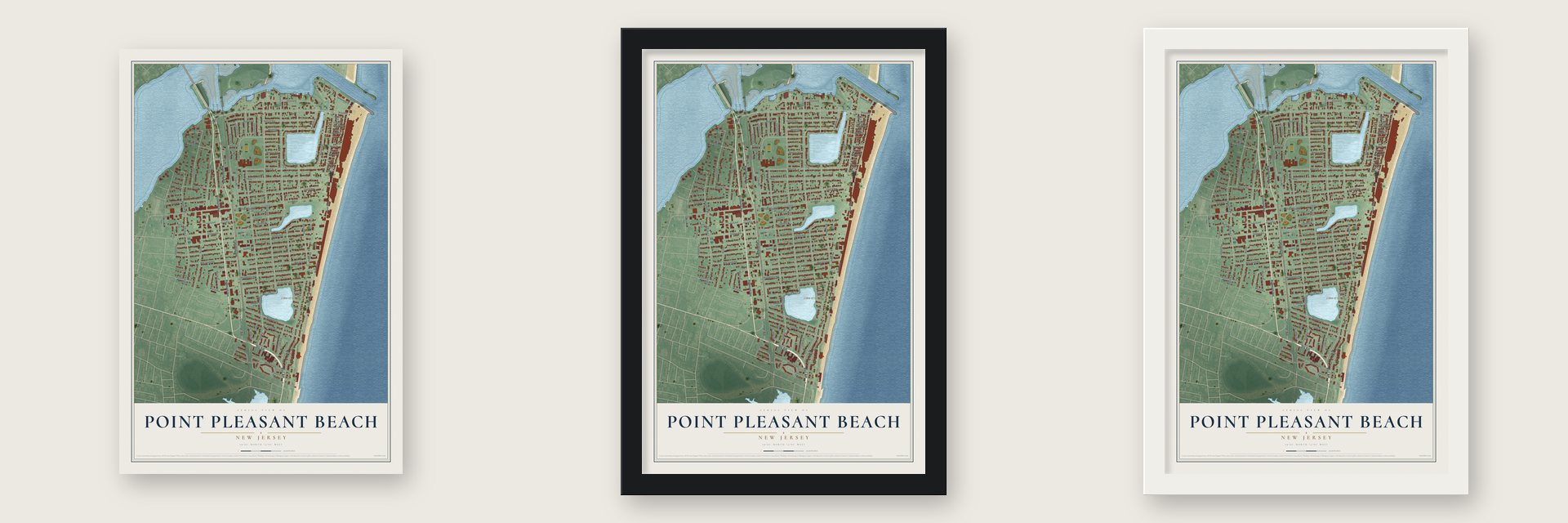Point Pleasant Beach, New Jersey map unframed, in a black wood frame and in a white wood frame