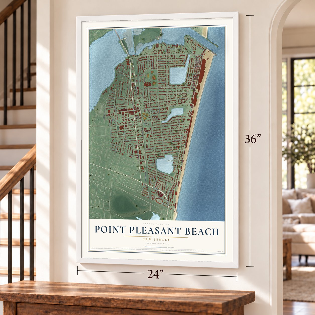 Point Pleasant Beach, New Jersey map, 24 x 36 inch print in a white frame by a staircase