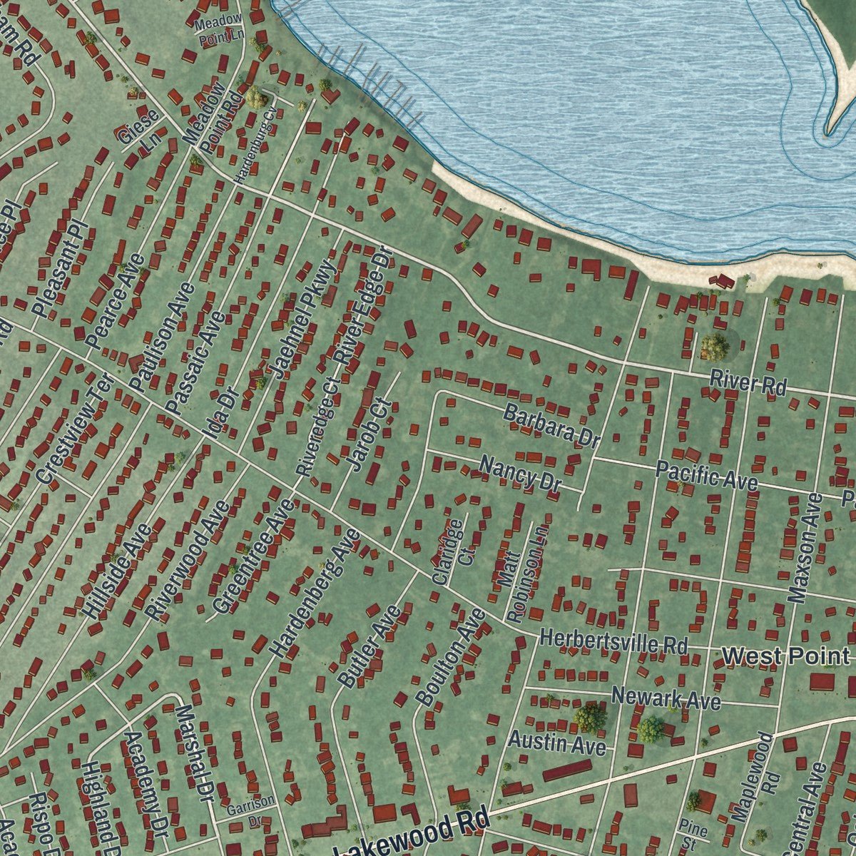 Second close-up of the map of Point Pleasant, New Jersey print showing more streets and buildings