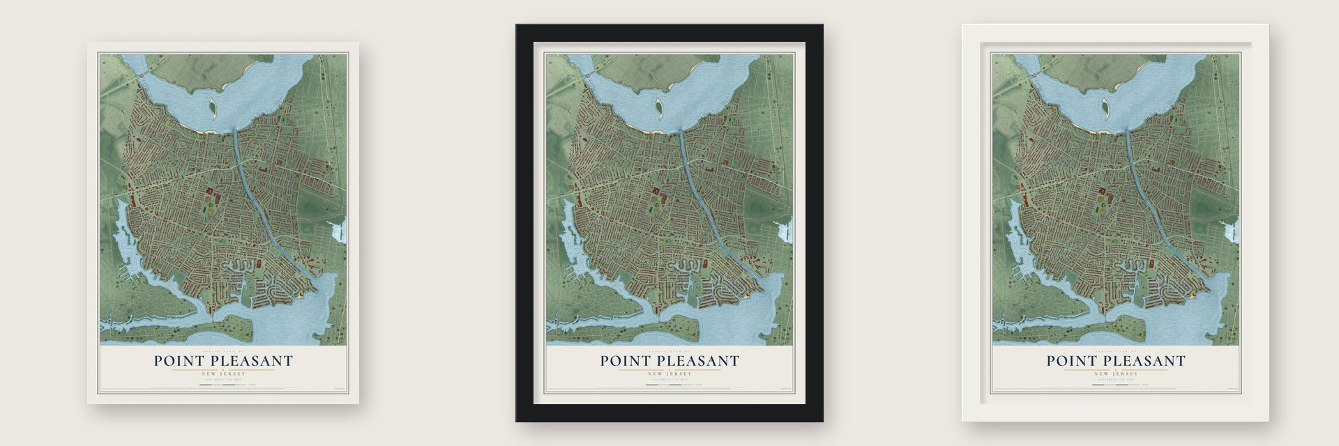 Point Pleasant, New Jersey map unframed, in a black wood frame and in a white wood frame