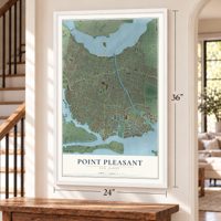 Point Pleasant, New Jersey map, 24 x 36 inch print in a white frame by a staircase