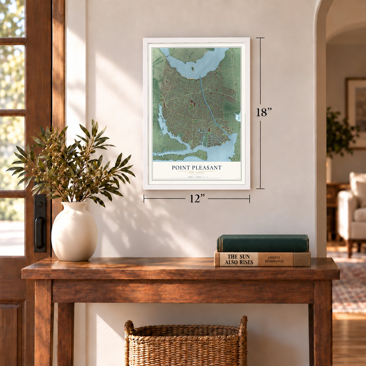 Point Pleasant, New Jersey map, 12 x 18 inch print in a white frame in an entryway