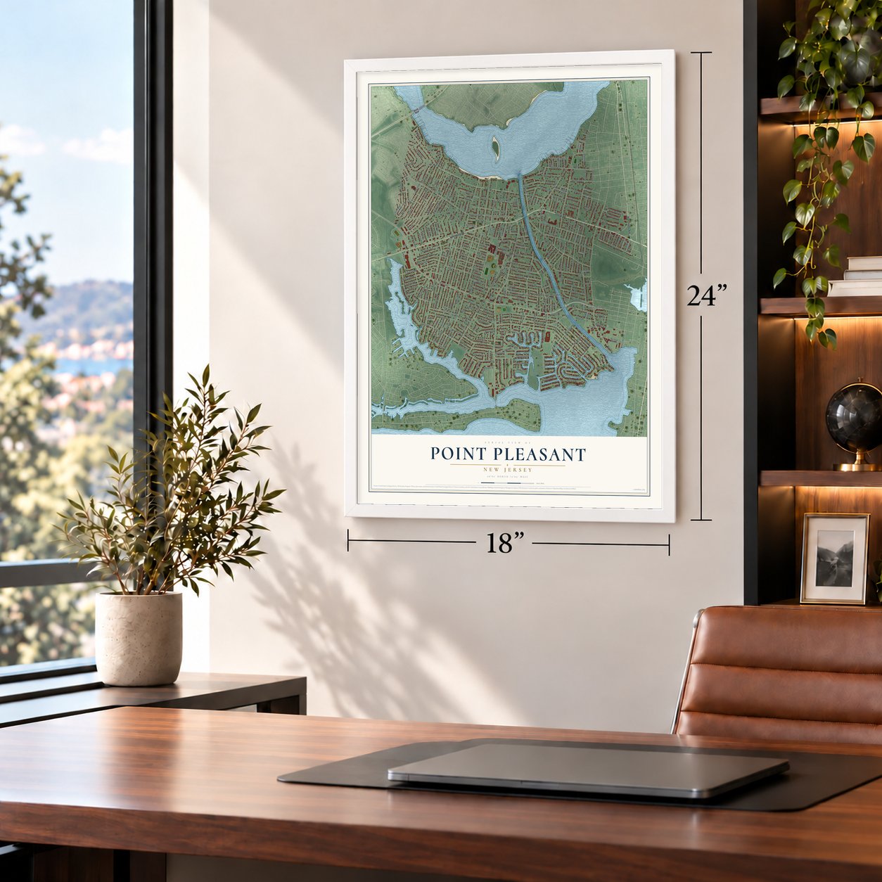 Point Pleasant, New Jersey map, 18 x 24 inch print in a white frame in a home office