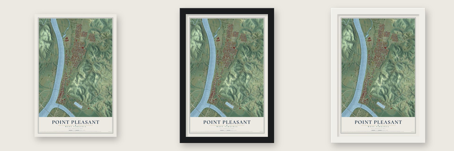 Point Pleasant, West Virginia map unframed, in a black wood frame and in a white wood frame