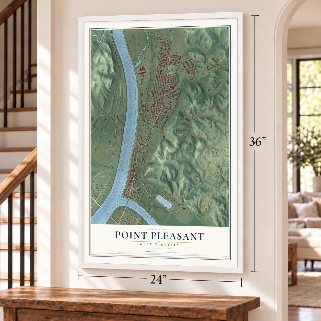 Point Pleasant, West Virginia map, 24 x 36 inch print in a white frame by a staircase
