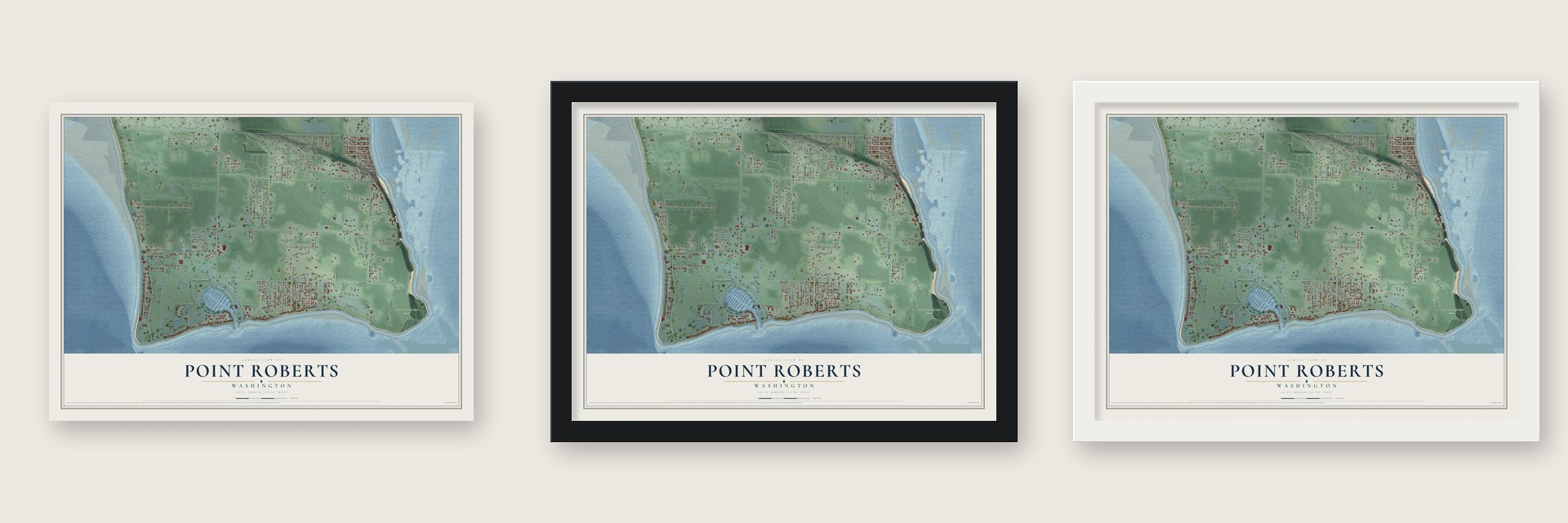 Point Roberts, Washington map unframed, in a black wood frame and in a white wood frame