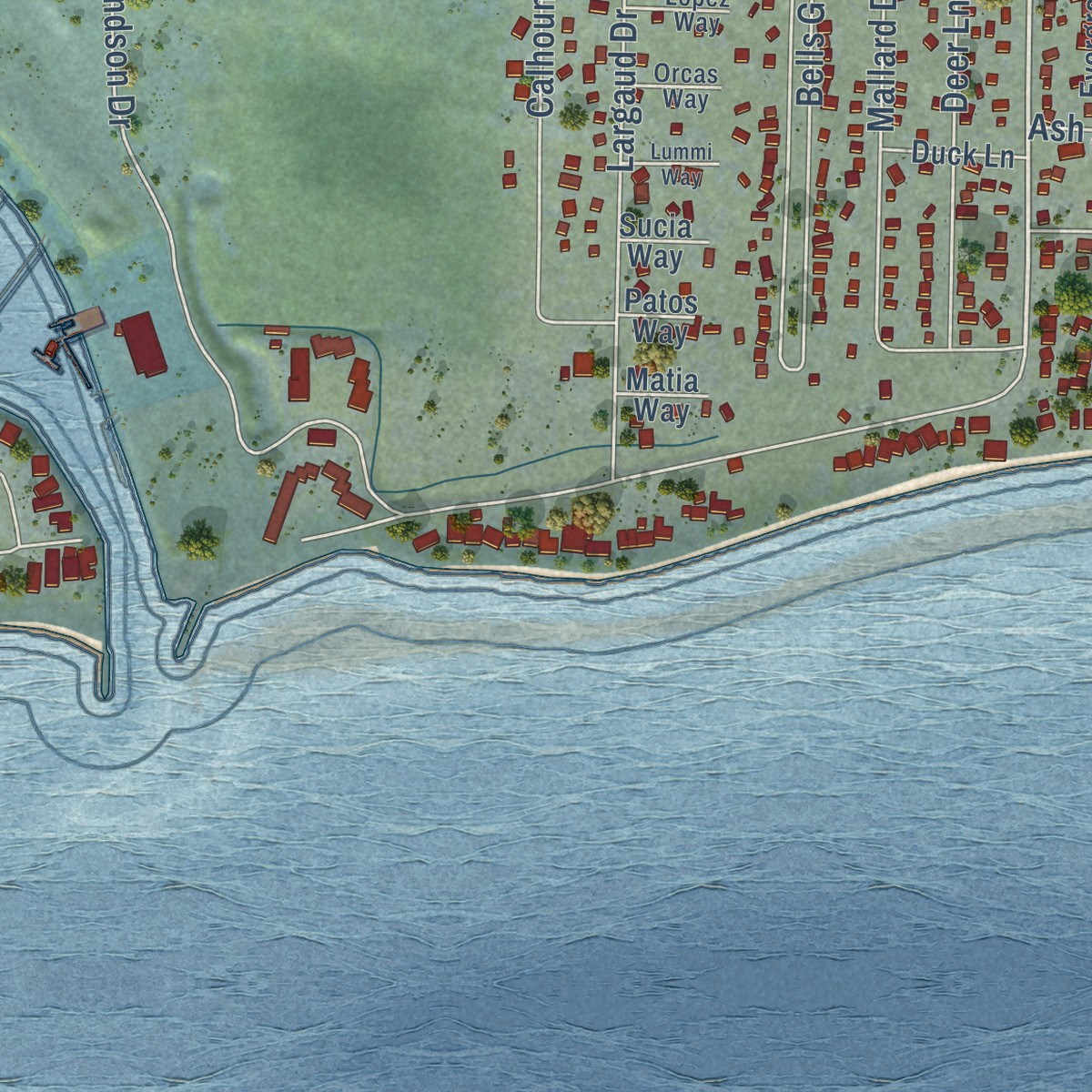 Second close-up of the map of Point Roberts, Washington print showing more streets and buildings