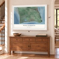 Point Roberts, Washington map, 24 x 36 inch print in a white frame above a dresser by a staircase