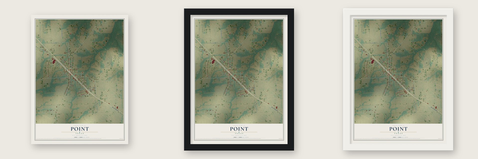 Point, Texas map unframed, in a black wood frame and in a white wood frame