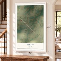 Point, Texas map, 24 x 36 inch print in a white frame by a staircase