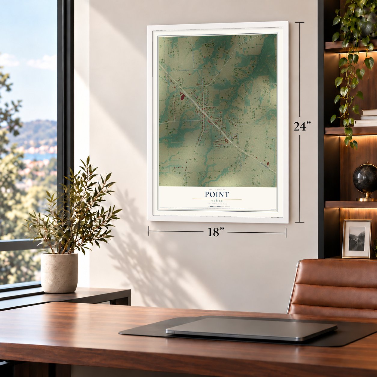 Point, Texas map, 18 x 24 inch print in a white frame in a home office