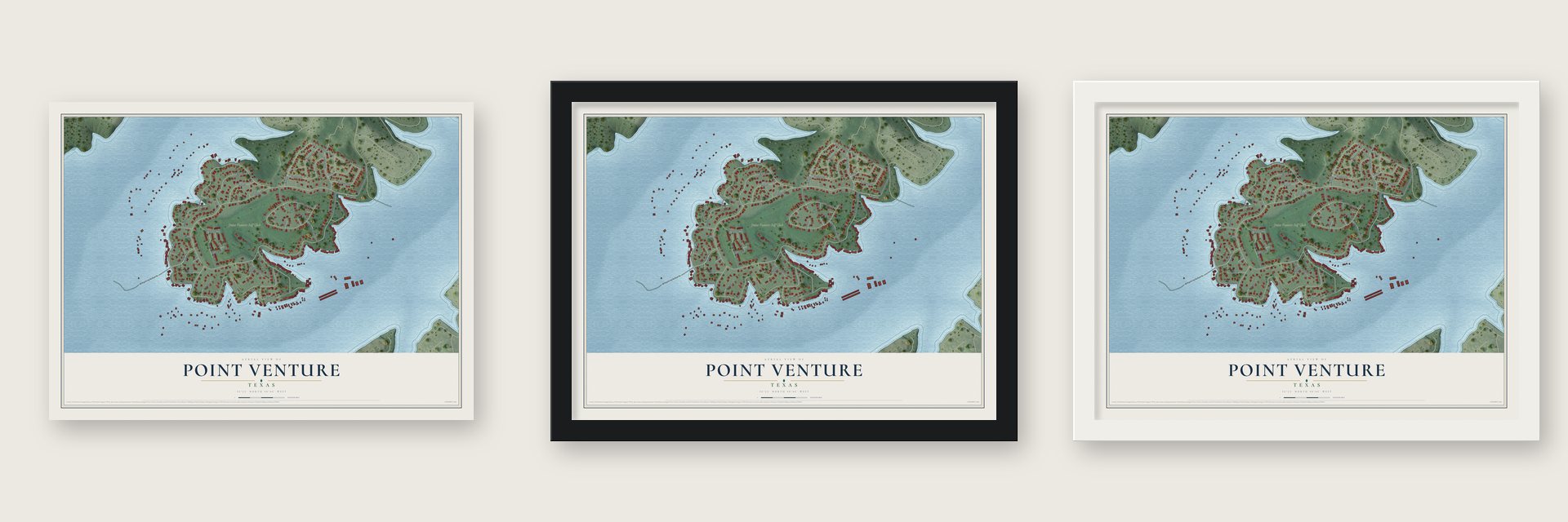 Point Venture, Texas map unframed, in a black wood frame and in a white wood frame