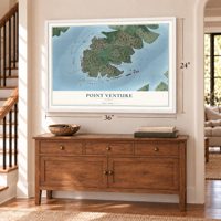 Point Venture, Texas map, 24 x 36 inch print in a white frame above a dresser by a staircase