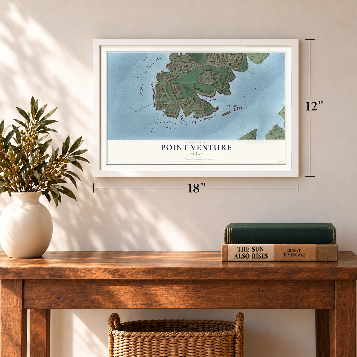 Point Venture, Texas map, 12 x 18 inch print in a white frame in an entryway