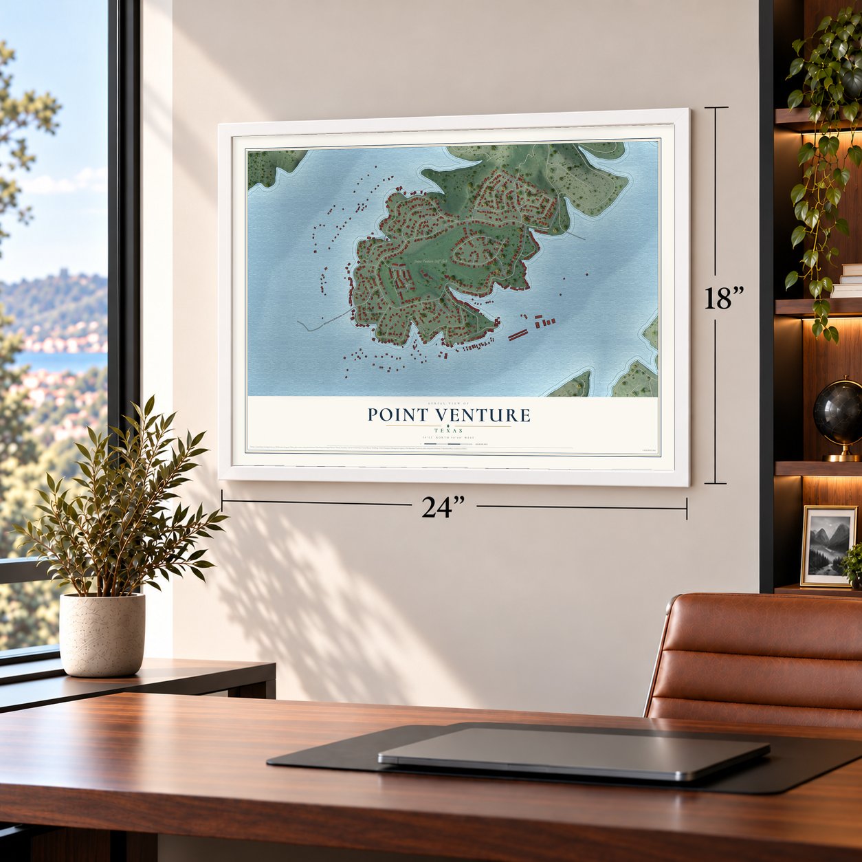 Point Venture, Texas map, 18 x 24 inch print in a white frame in a home office