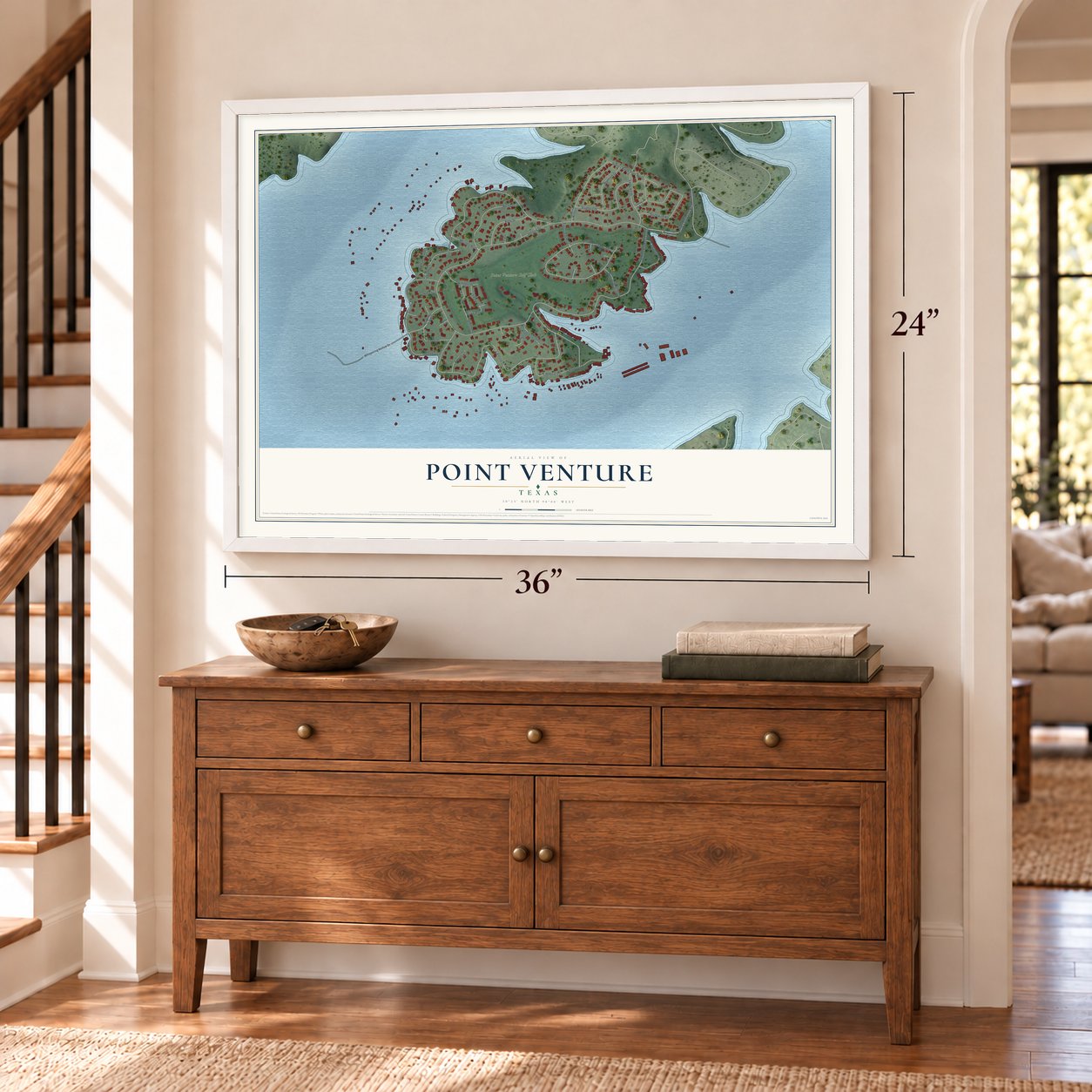 Point Venture, Texas map, 24 x 36 inch print in a white frame above a dresser by a staircase