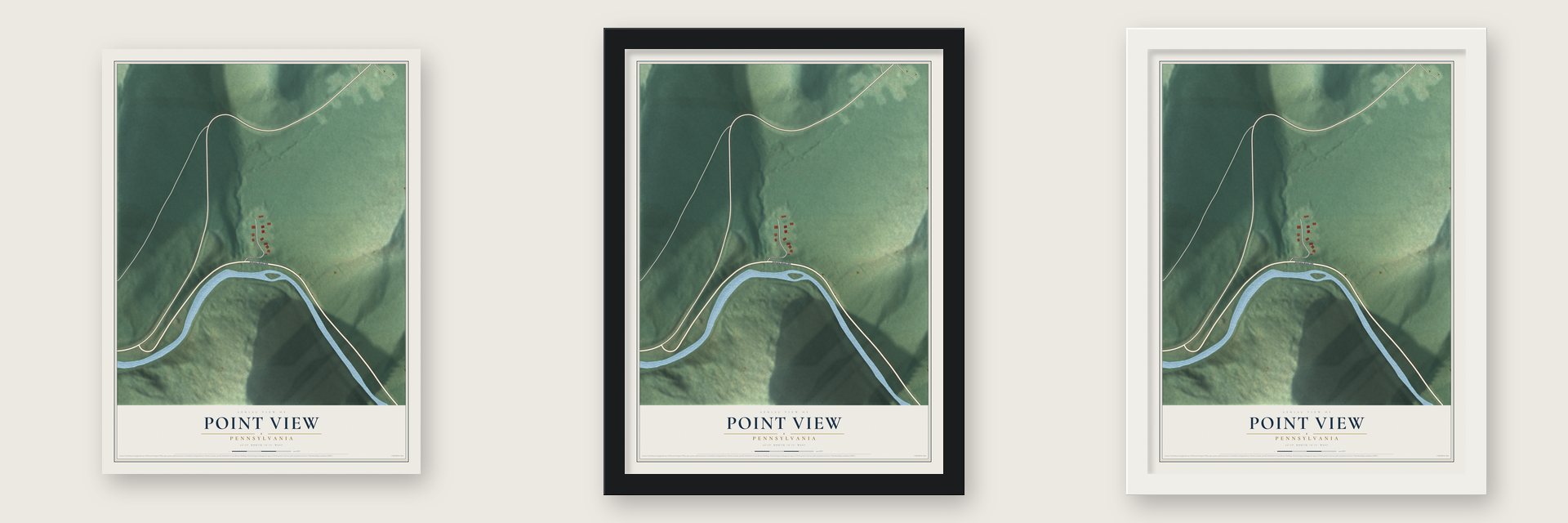 Point View, Pennsylvania map unframed, in a black wood frame and in a white wood frame