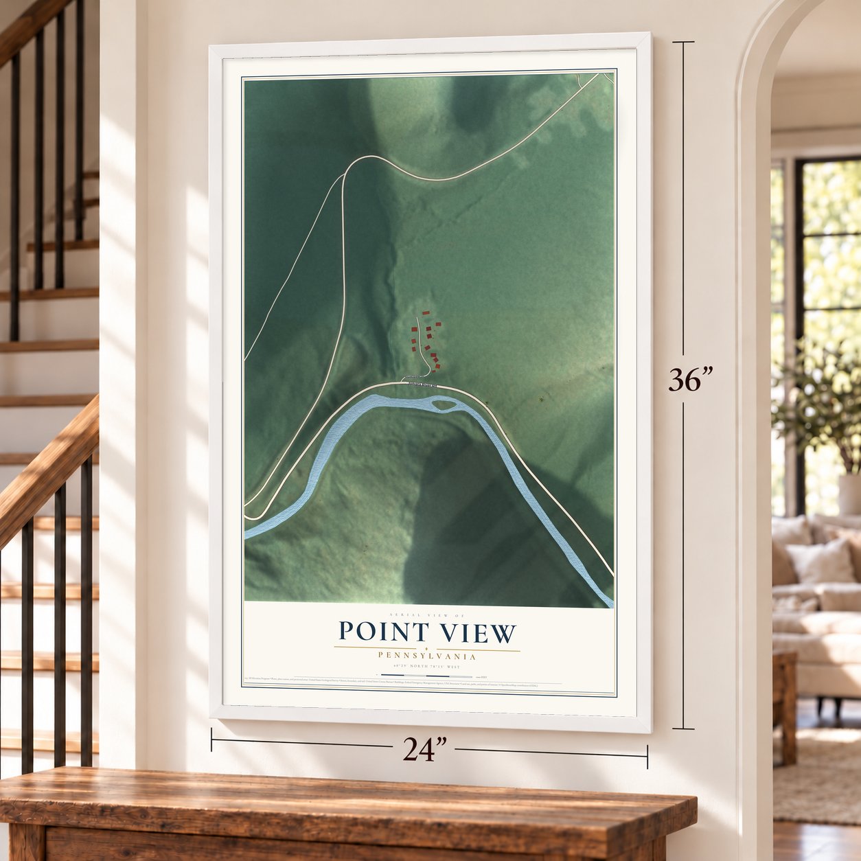 Point View, Pennsylvania map, 24 x 36 inch print in a white frame by a staircase