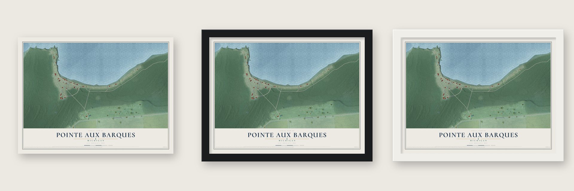 Pointe Aux Barques, Michigan map unframed, in a black wood frame and in a white wood frame