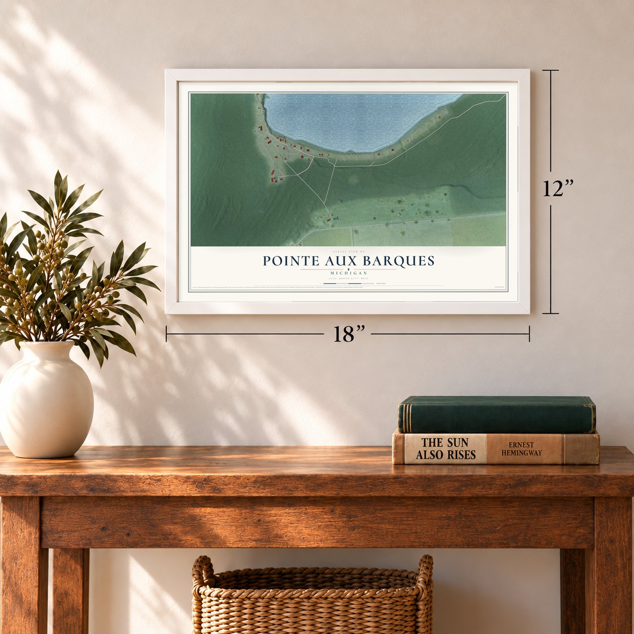 Pointe Aux Barques, Michigan map, 12 x 18 inch print in a white frame in an entryway