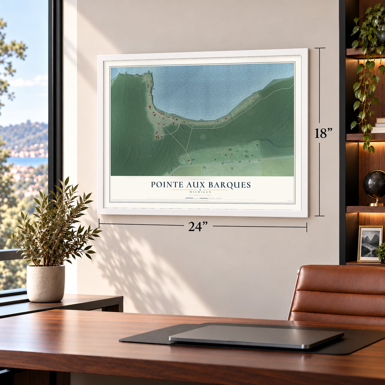 Pointe Aux Barques, Michigan map, 18 x 24 inch print in a white frame in a home office