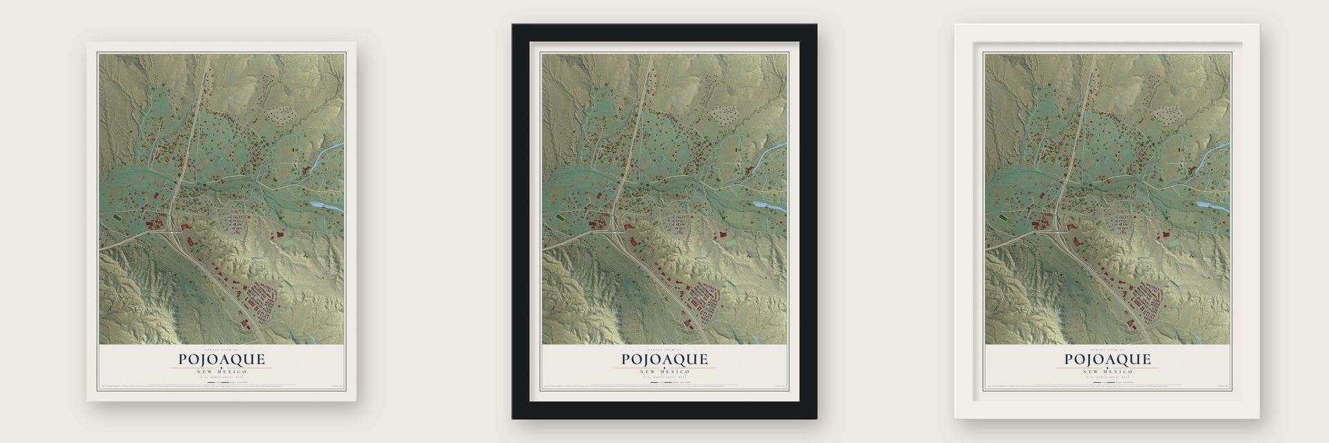 Pojoaque, New Mexico map unframed, in a black wood frame and in a white wood frame