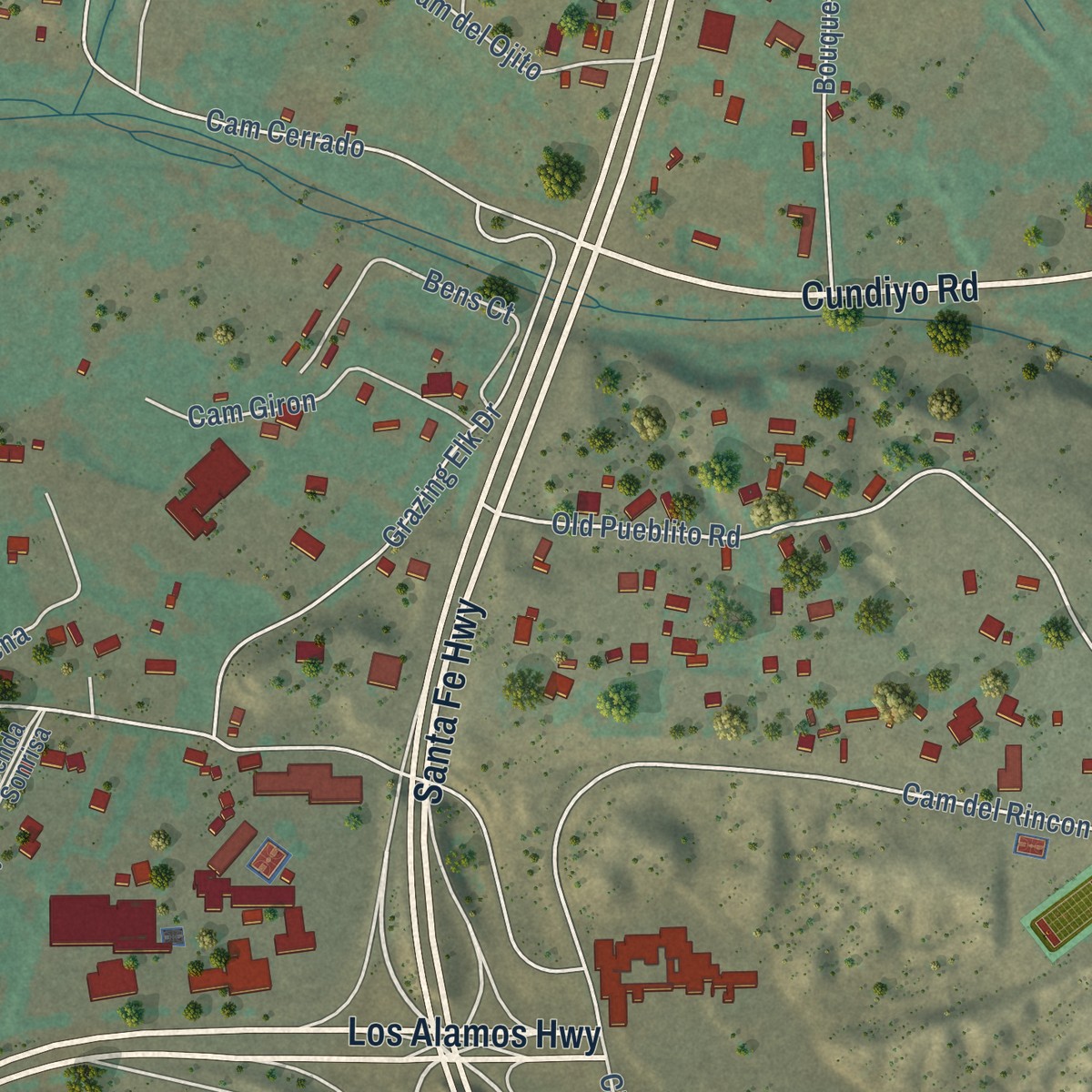 Second close-up of the map of Pojoaque, New Mexico print showing more streets and buildings