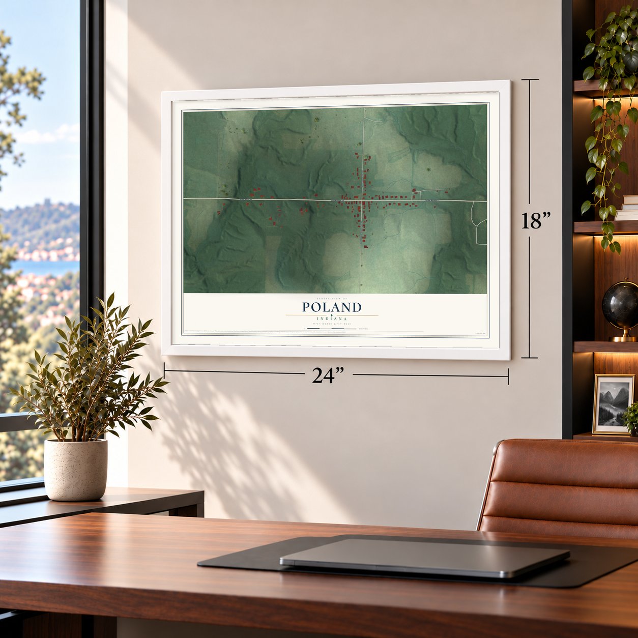 Poland, Indiana map, 18 x 24 inch print in a white frame in a home office