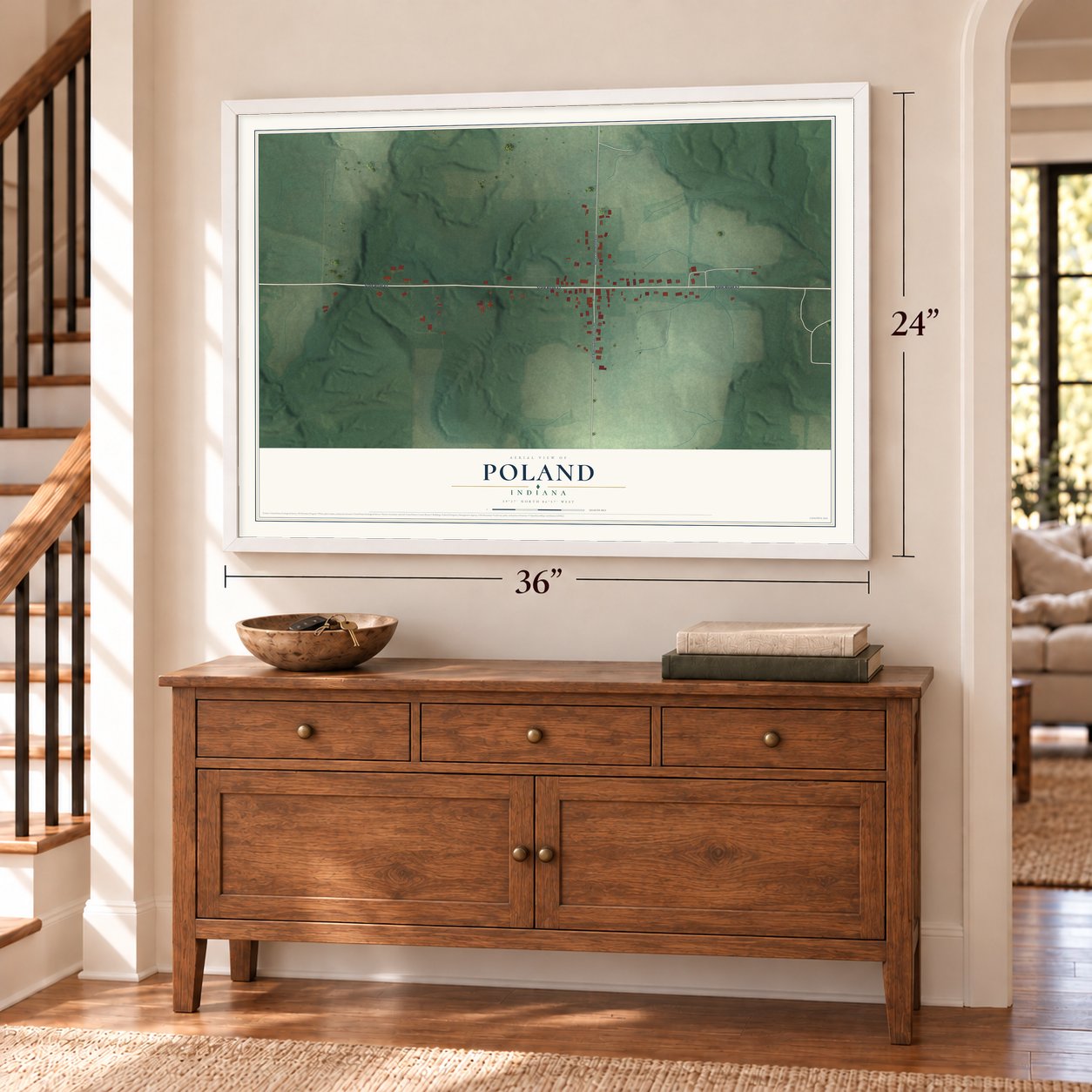 Poland, Indiana map, 24 x 36 inch print in a white frame above a dresser by a staircase