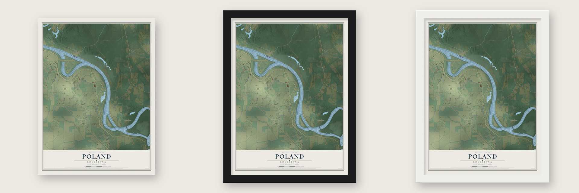 Poland, Louisiana map unframed, in a black wood frame and in a white wood frame