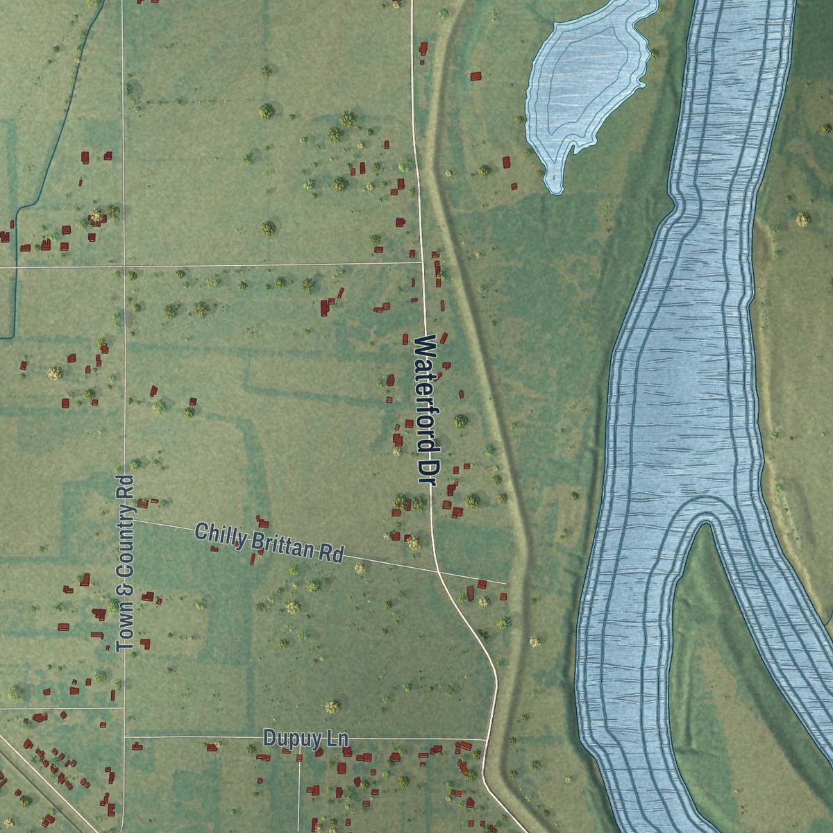 Second close-up of the map of Poland, Louisiana print showing more streets and buildings