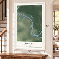 Poland, Louisiana map, 24 x 36 inch print in a white frame by a staircase