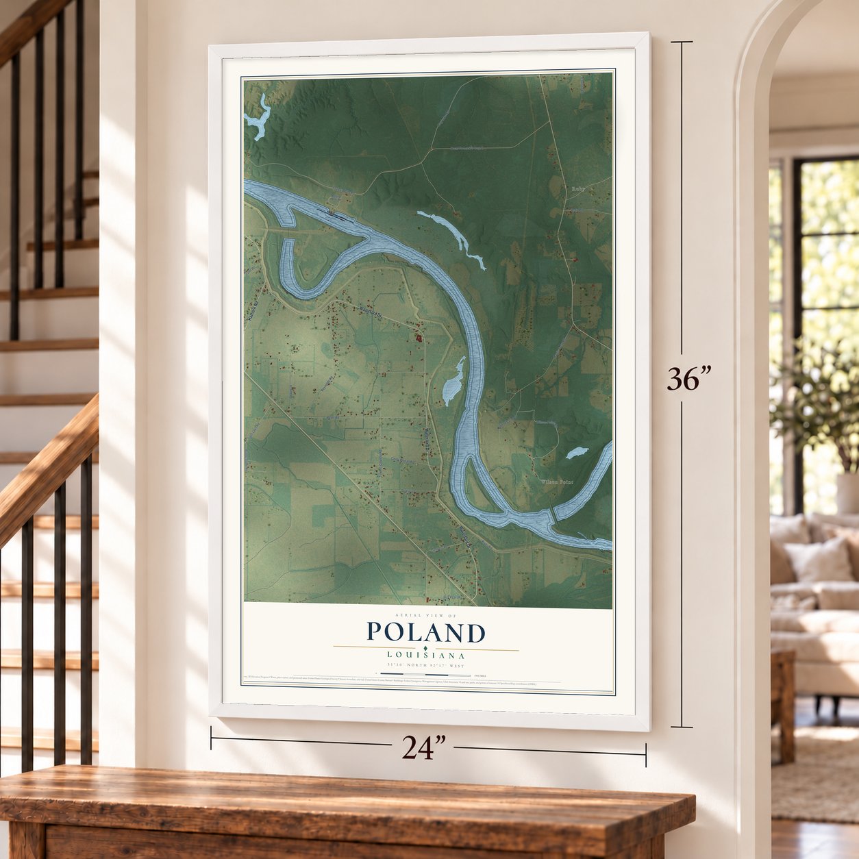 Poland, Louisiana map, 24 x 36 inch print in a white frame by a staircase