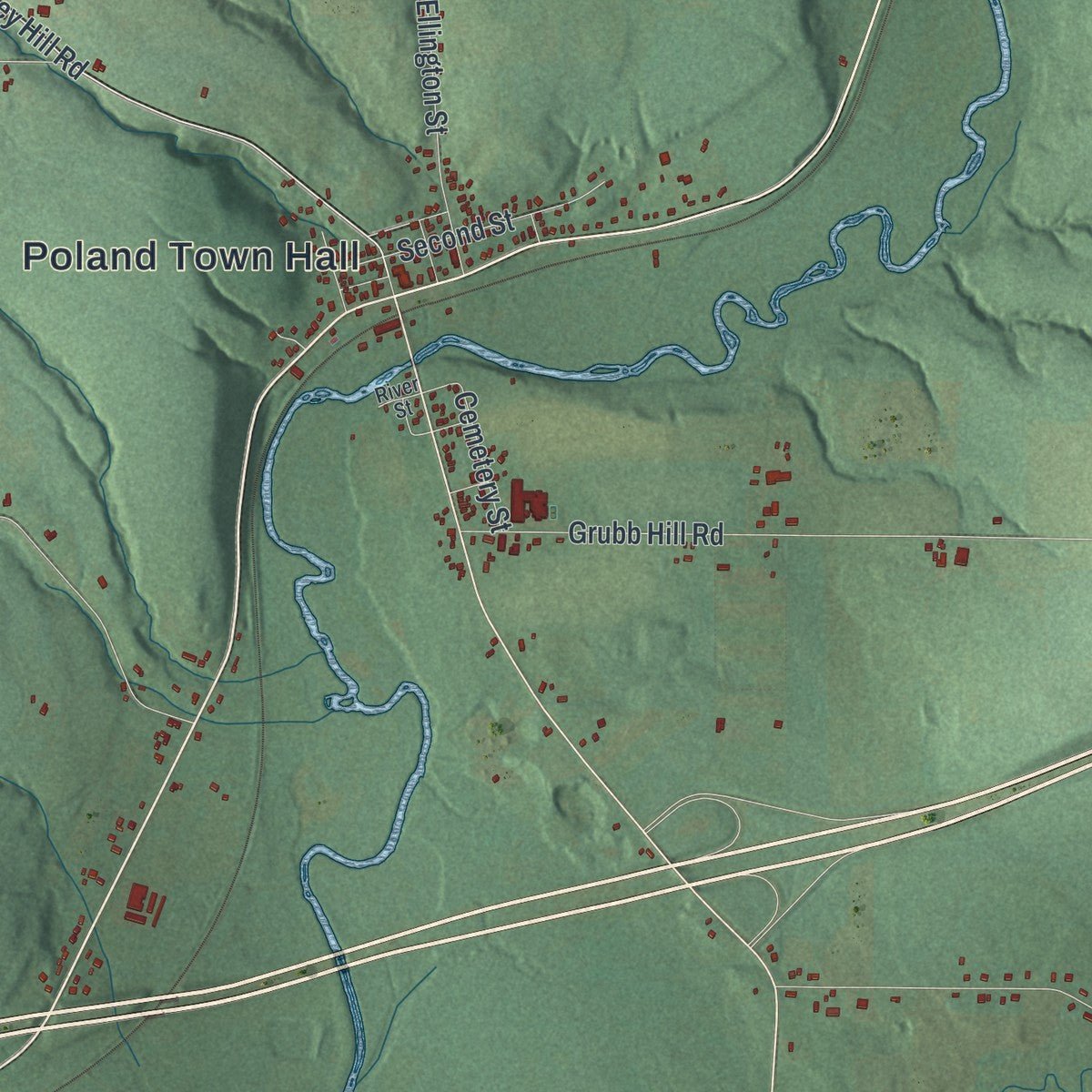 Second close-up of the map of Poland, New York print showing more streets and buildings