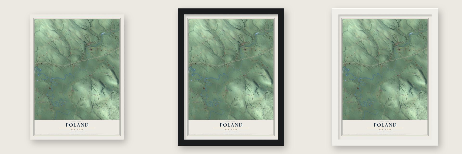 Poland, New York map unframed, in a black wood frame and in a white wood frame