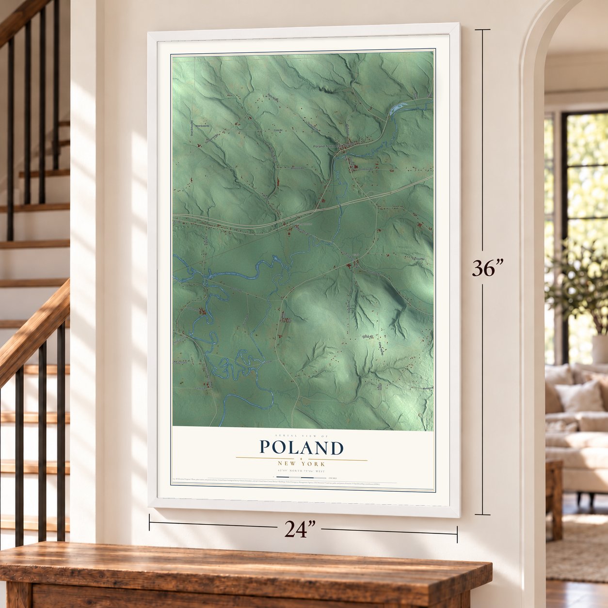 Poland, New York map, 24 x 36 inch print in a white frame by a staircase