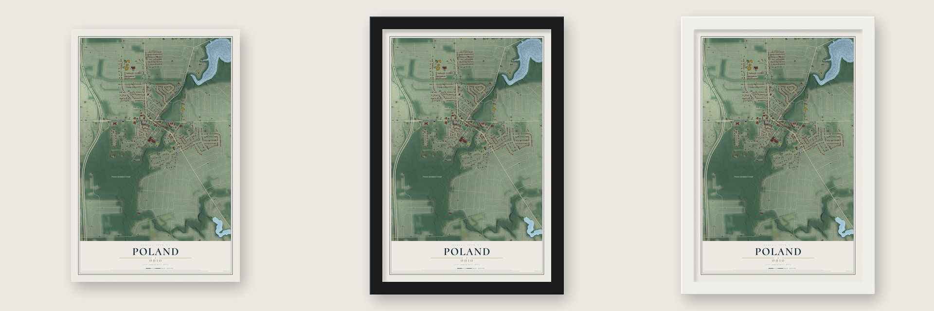 Poland, Ohio map unframed, in a black wood frame and in a white wood frame