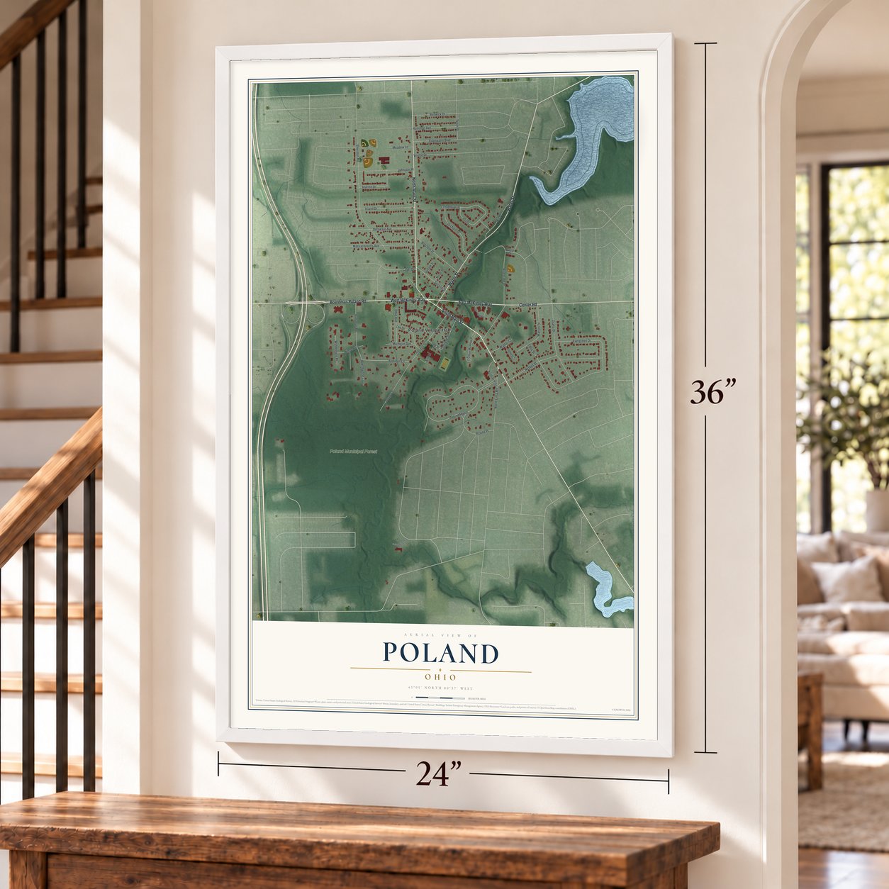 Poland, Ohio map, 24 x 36 inch print in a white frame by a staircase