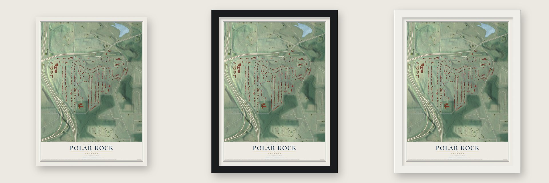 Polar Rock, Georgia map unframed, in a black wood frame and in a white wood frame