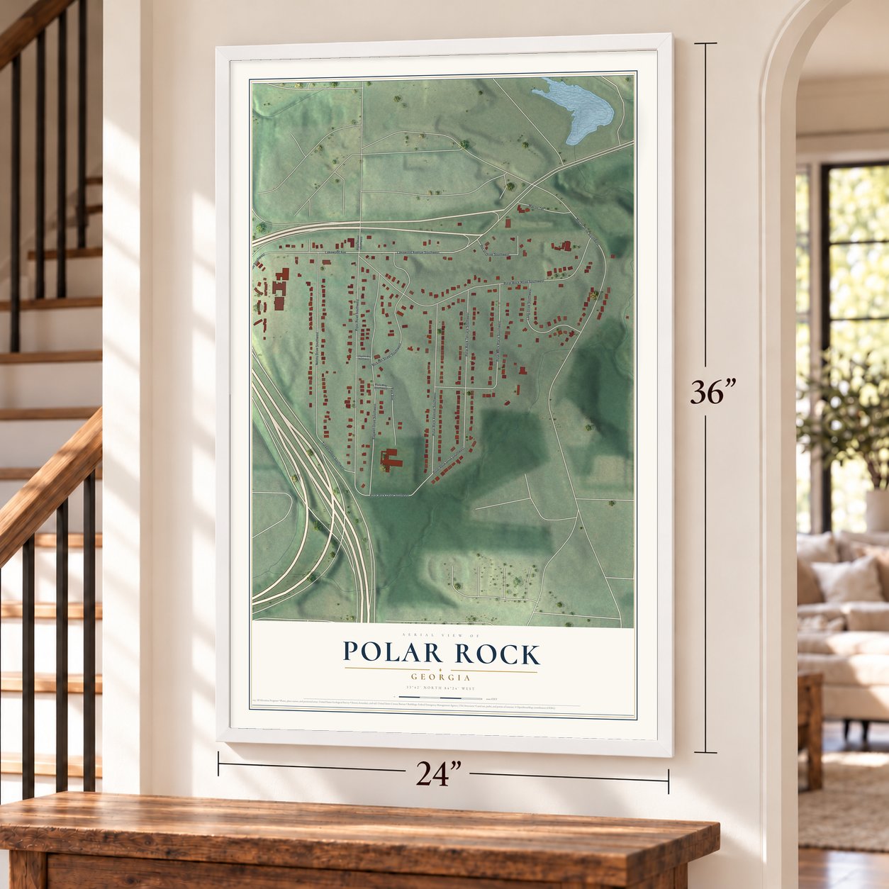 Polar Rock, Georgia map, 24 x 36 inch print in a white frame by a staircase