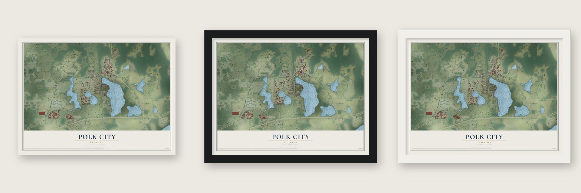 Polk City, Florida map unframed, in a black wood frame and in a white wood frame