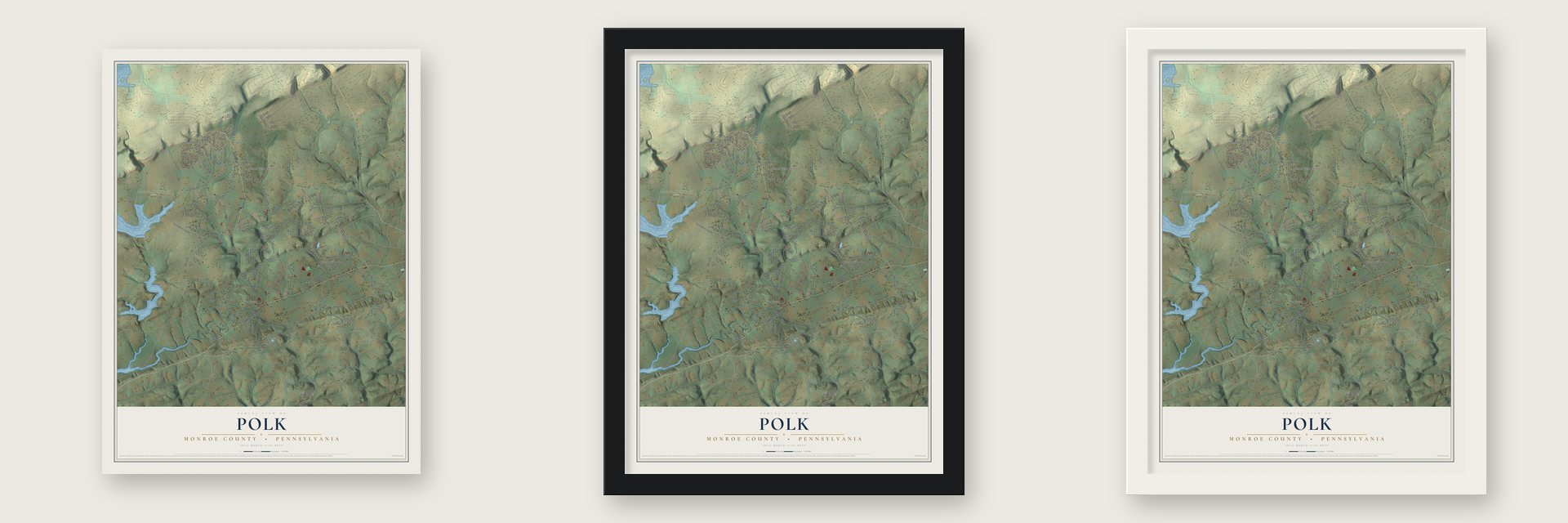 Polk, Monroe County, Pennsylvania map unframed, in a black wood frame and in a white wood frame