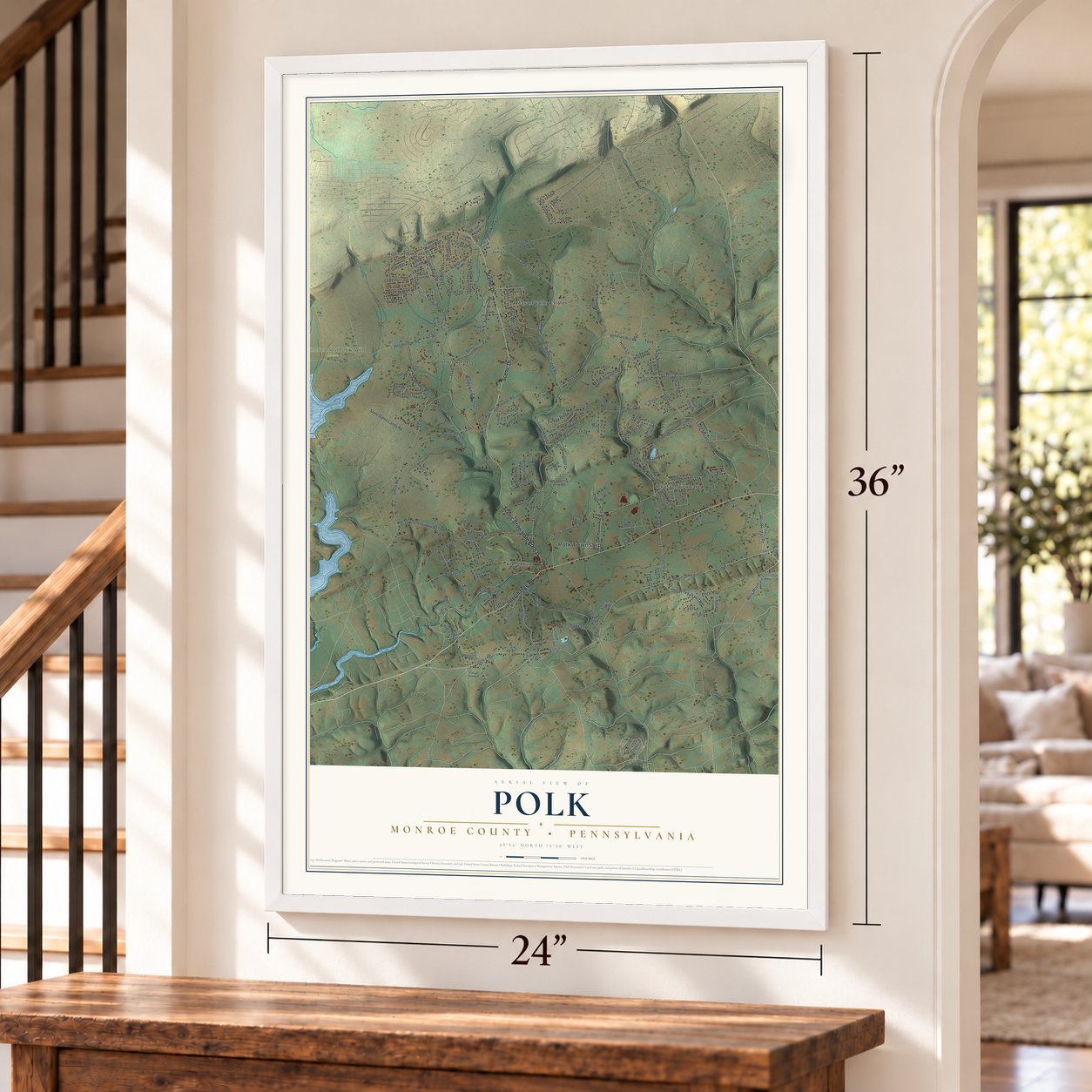 Polk, Monroe County, Pennsylvania map, 24 x 36 inch print in a white frame by a staircase