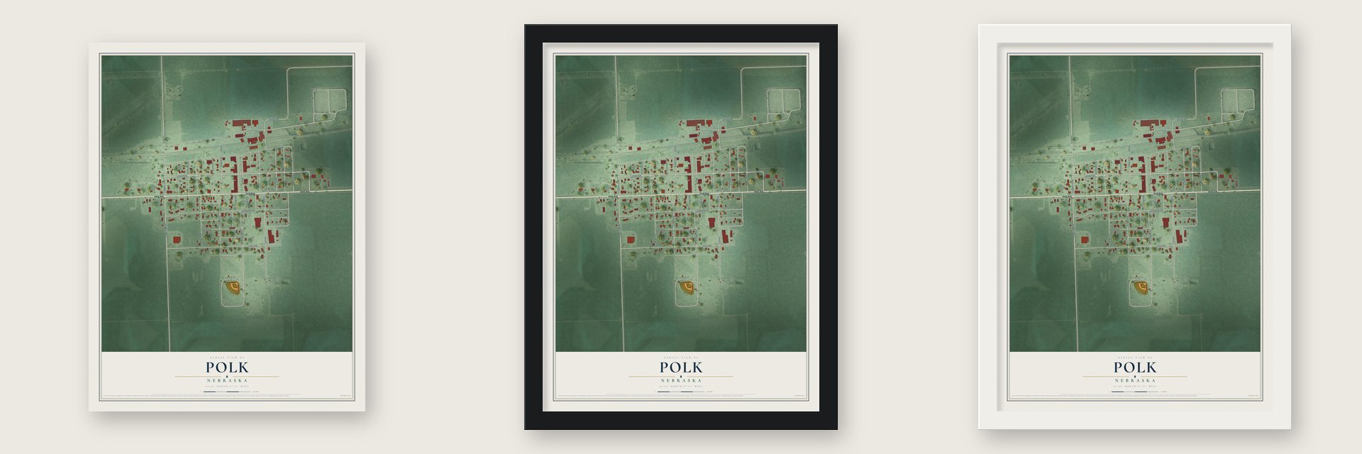 Polk, Nebraska map unframed, in a black wood frame and in a white wood frame
